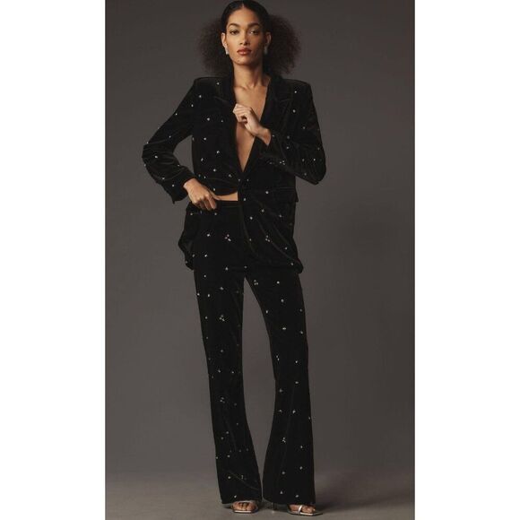 NWT Le Superbe Bianca Embellished Velvet Flare Pants Black Studded Size 6 - Picture 3 of 11